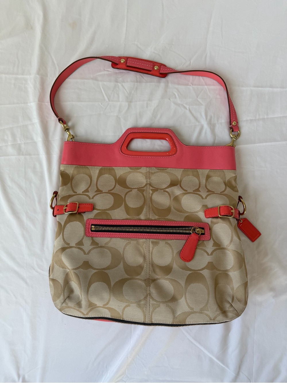 Coach Tan Signature Canvas Shoulder Bag with Coral Pink Trim